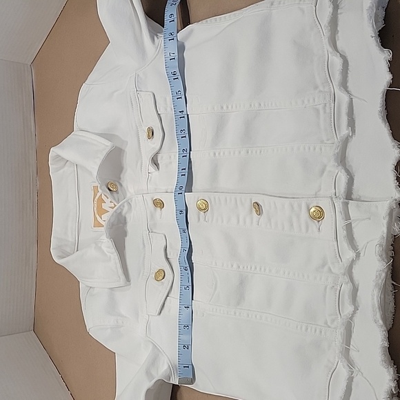 Michael Michael Kors Size M White Denim Jacket, Gold Tone Buttons, Frayed Hem - Picture 7 of 11